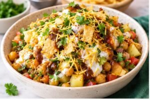 Chana Chaat with chickpeas, potatoes, yogurt, tamarind and crunchy sev