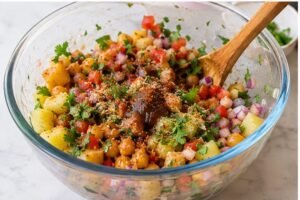 Mixing chickpeas, potatoes, onions, tomatoes and spices for Chana Chaat