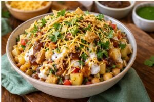 Yogurt drizzled over Chana Chaat with sev, papri and fresh cilantroTitle: Chana Chaat with Yogurt and Toppings