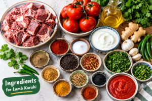 Lamb karahi ingredients including lamb, tomatoes, ginger, garlic and green chillies