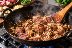 Lamb browning in a black pan for lamb karahi