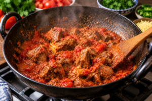 Lamb cooking in thick tomato masala for lamb karahi