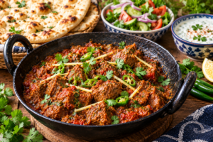 Lamb karahi served with naan, salad and raita