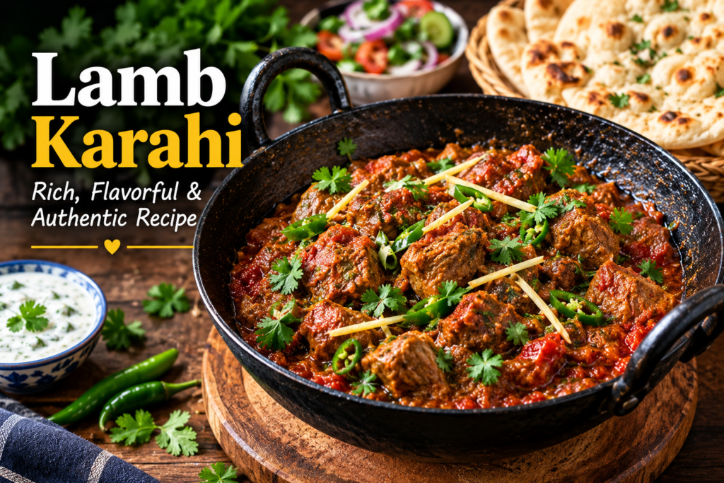 Lamb karahi served in a black pan with naan