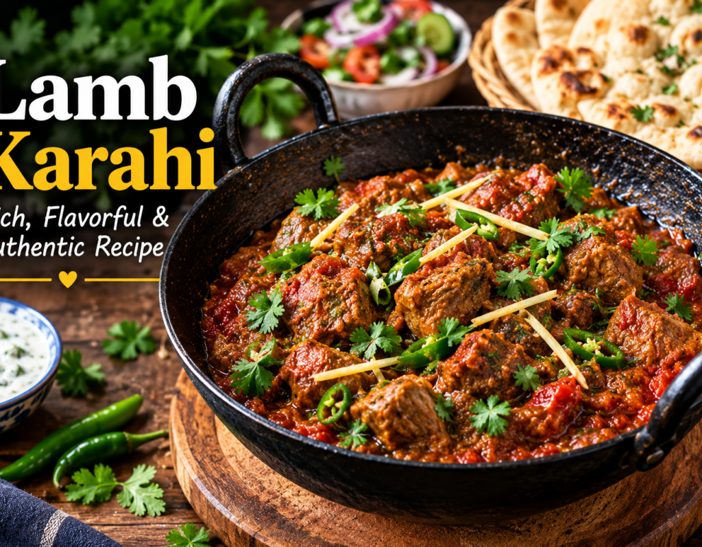 Lamb karahi served in a black pan with naan