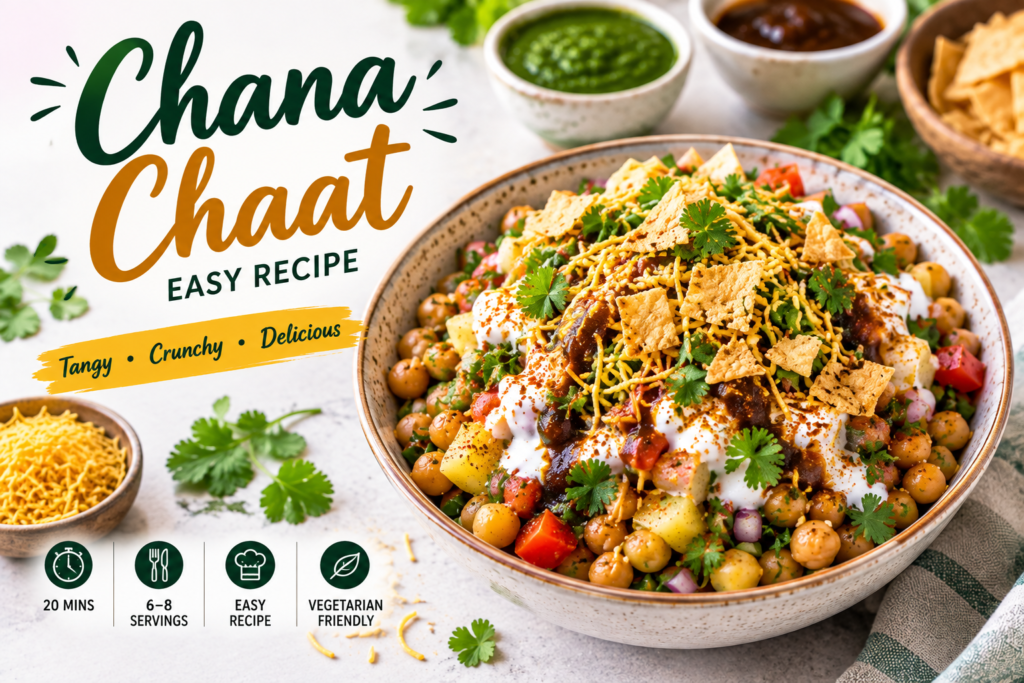 Chana Chaat easy recipe with chickpeas, potatoes, yogurt, chutney and sev